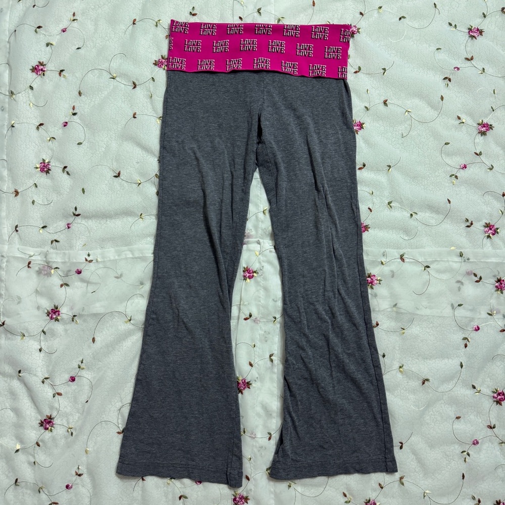 Gray Fold Over Vintage Yoga Pants with Pink Waistband